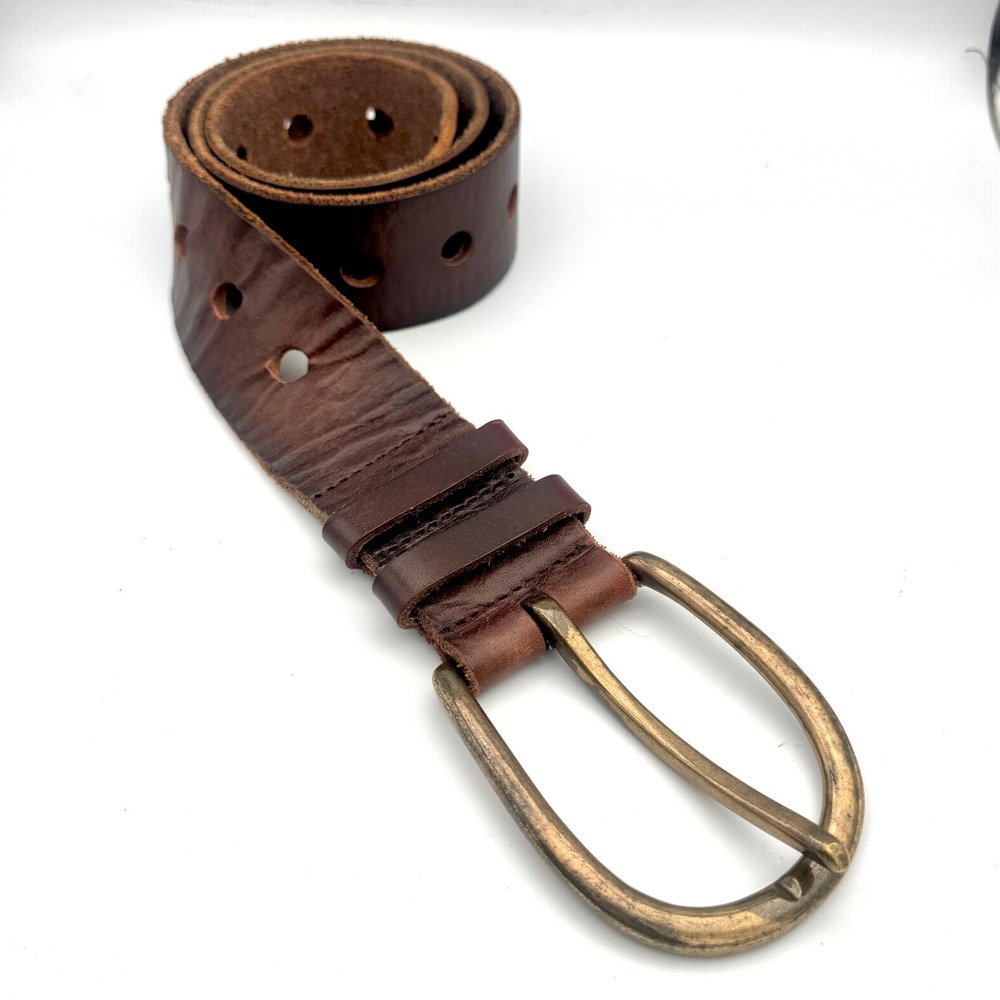 Vintage Collection Brown Leather Belt Handmade Brass Buckle Grommet Holes Small